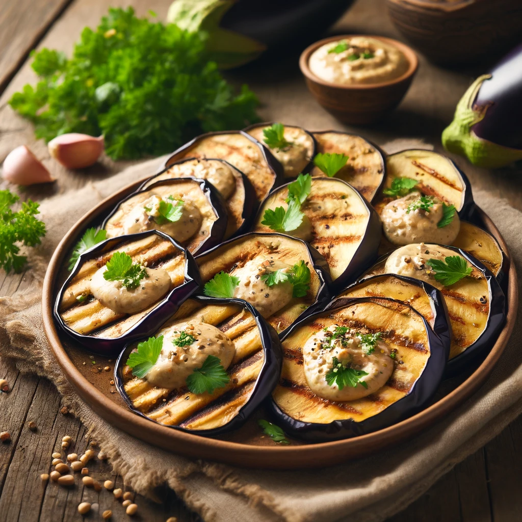 Aubergines grillées au four avec sauce tahini.