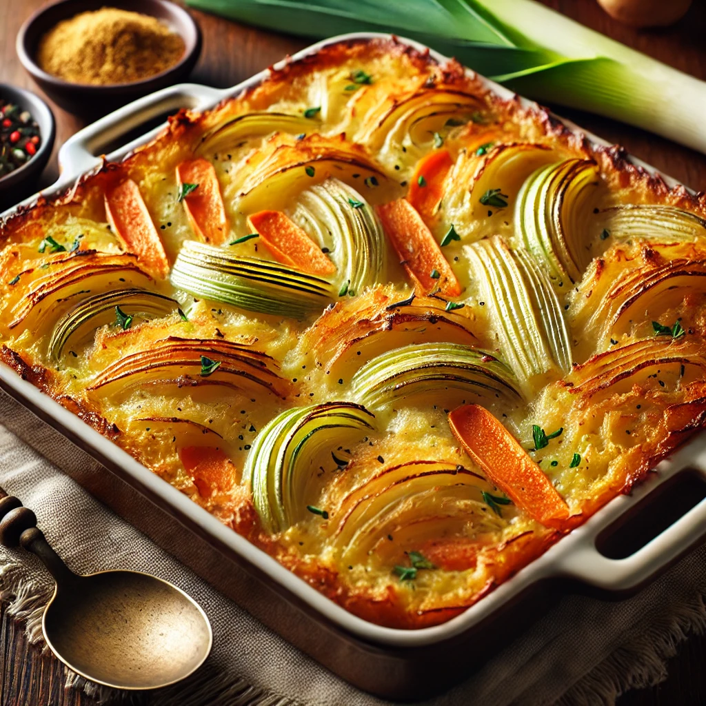 Gratin de pommes de terre, poireaux et carottes