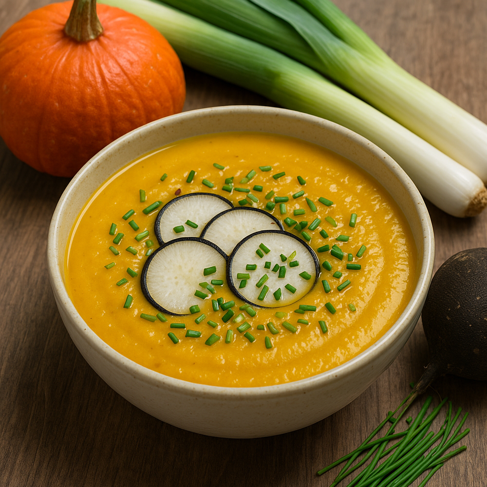 Velouté de potimarron, poireaux et radis noir à la ciboulette